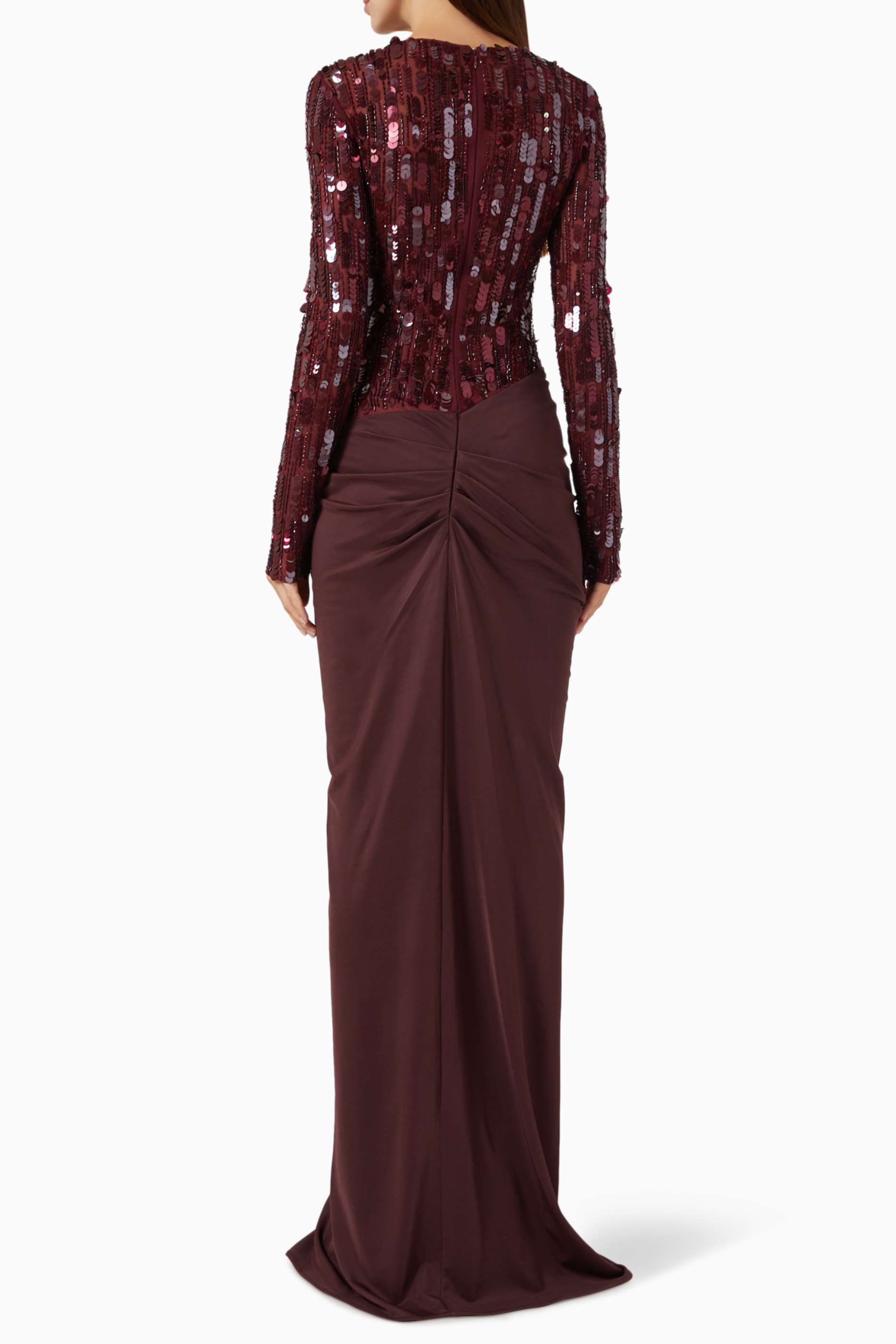 Sequin Long Sleeve Pleated Maxi Dress