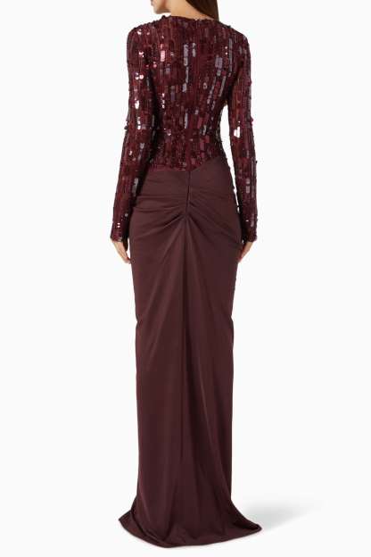Sequin Long Sleeve Pleated Maxi Dress