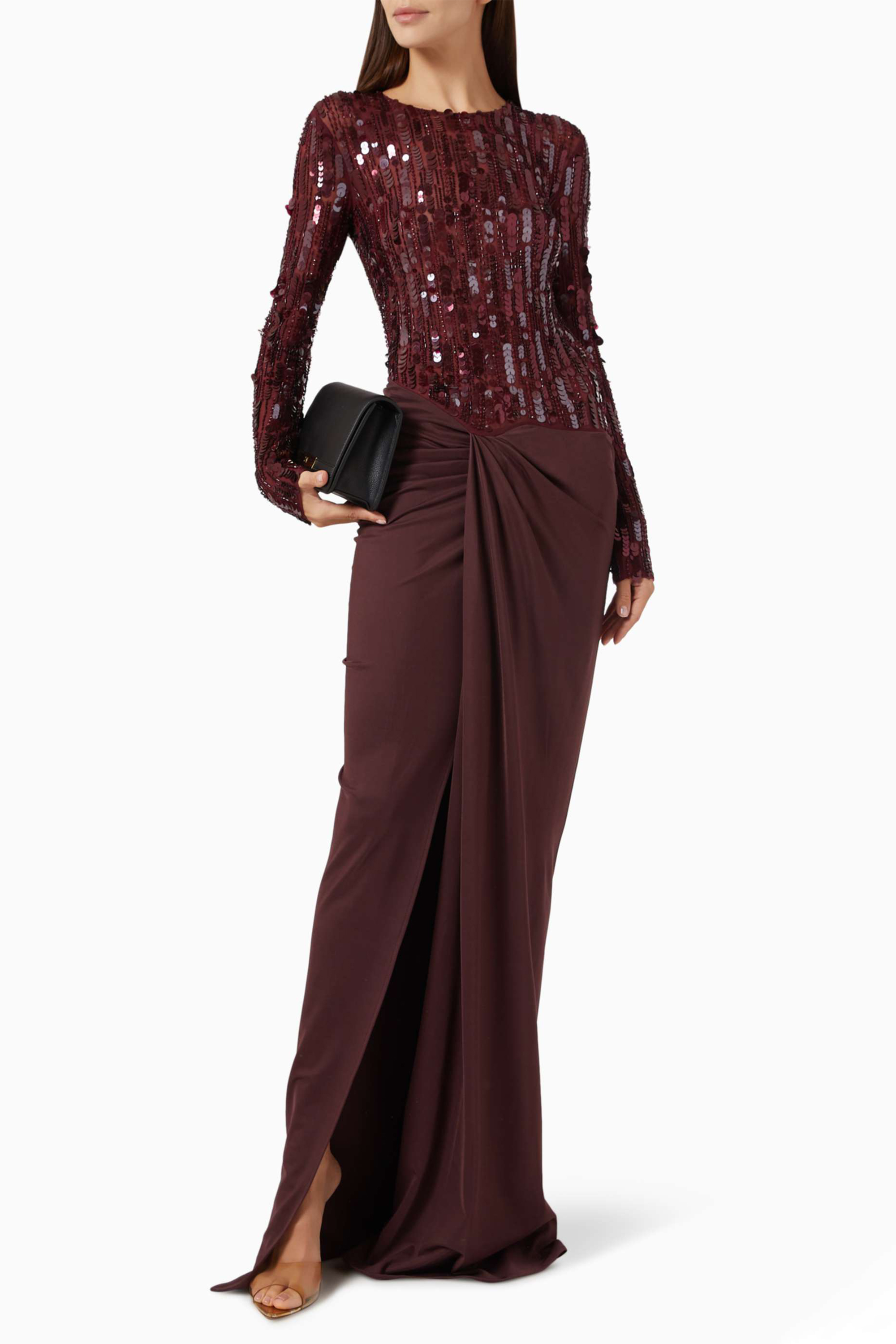 Sequin Long Sleeve Pleated Maxi Dress