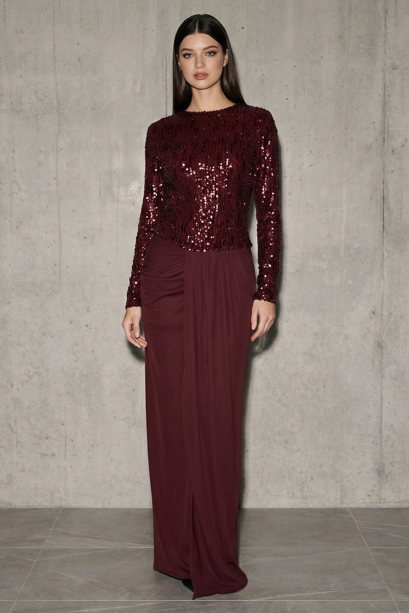 Sequin Long Sleeve Pleated Maxi Dress