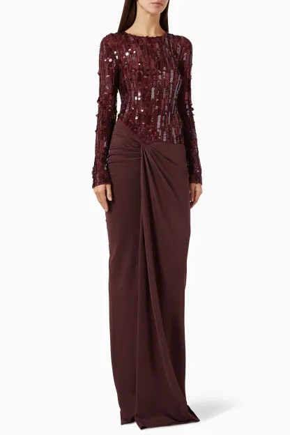 Sequin Long Sleeve Pleated Maxi Dress
