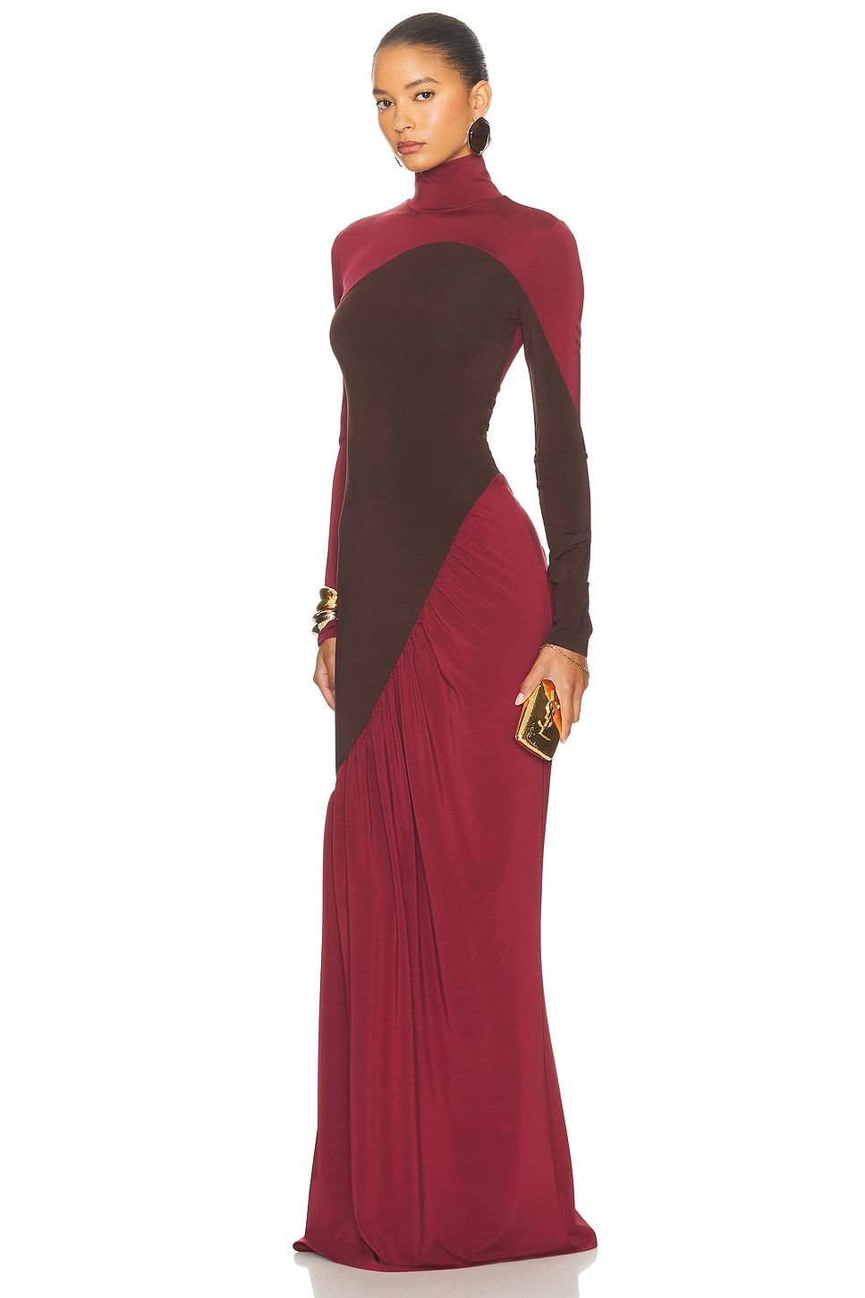 Contrast Color Long Sleeve High Neck Maxi Dress