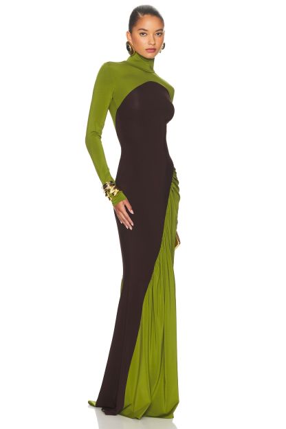 Contrast Color Long Sleeve High Neck Maxi Dress