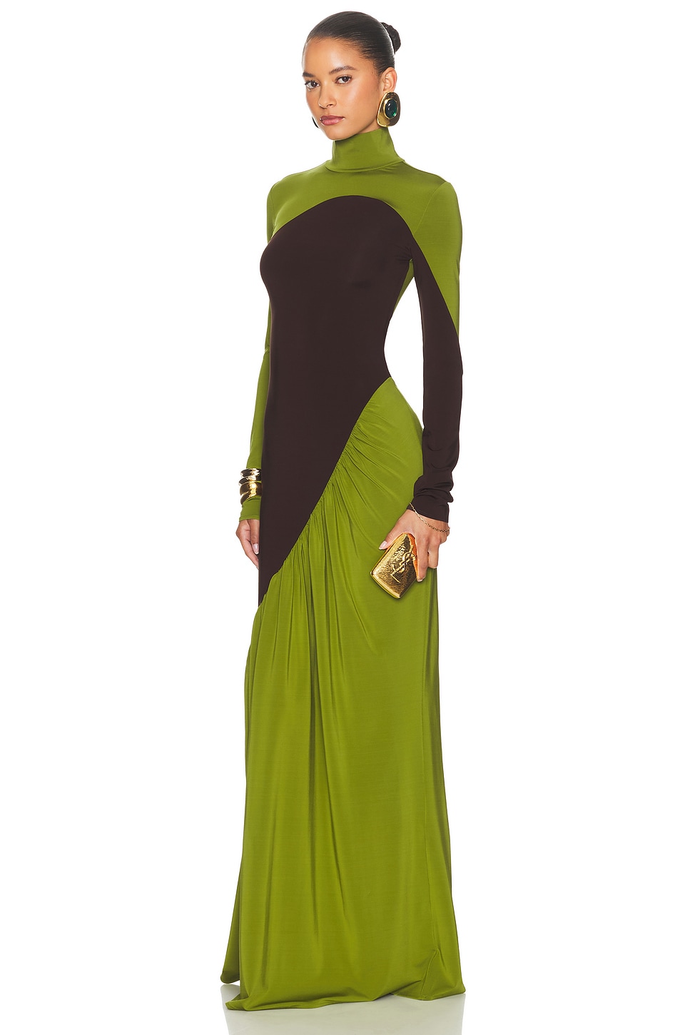 Contrast Color Long Sleeve High Neck Maxi Dress
