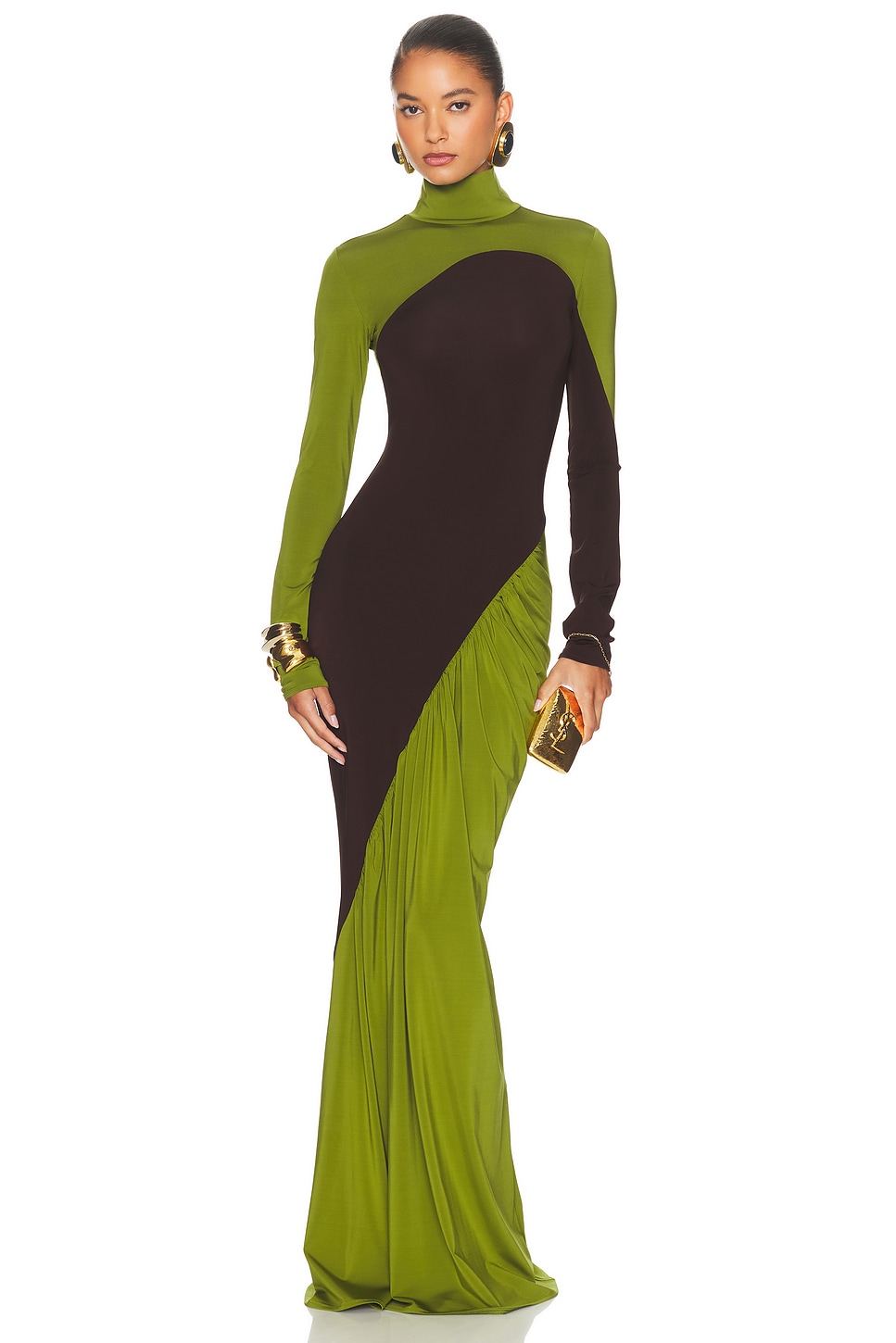 Contrast Color Long Sleeve High Neck Maxi Dress