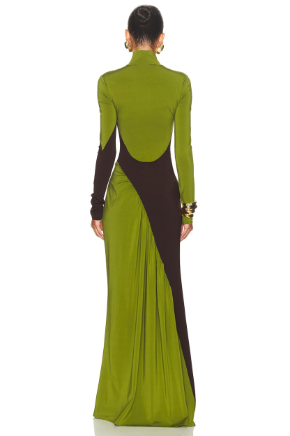 Contrast Color Long Sleeve High Neck Maxi Dress