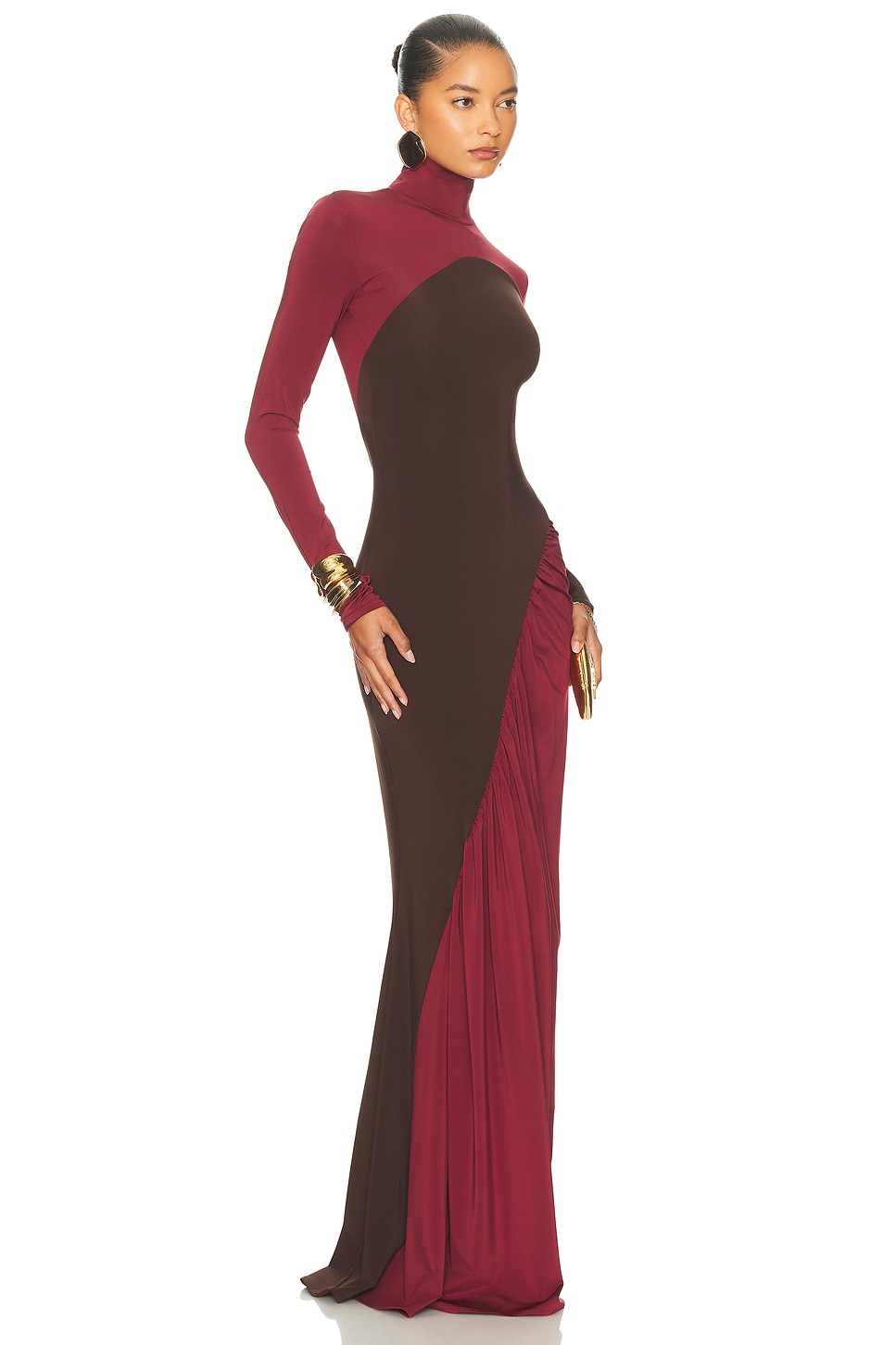 Contrast Color Long Sleeve High Neck Maxi Dress