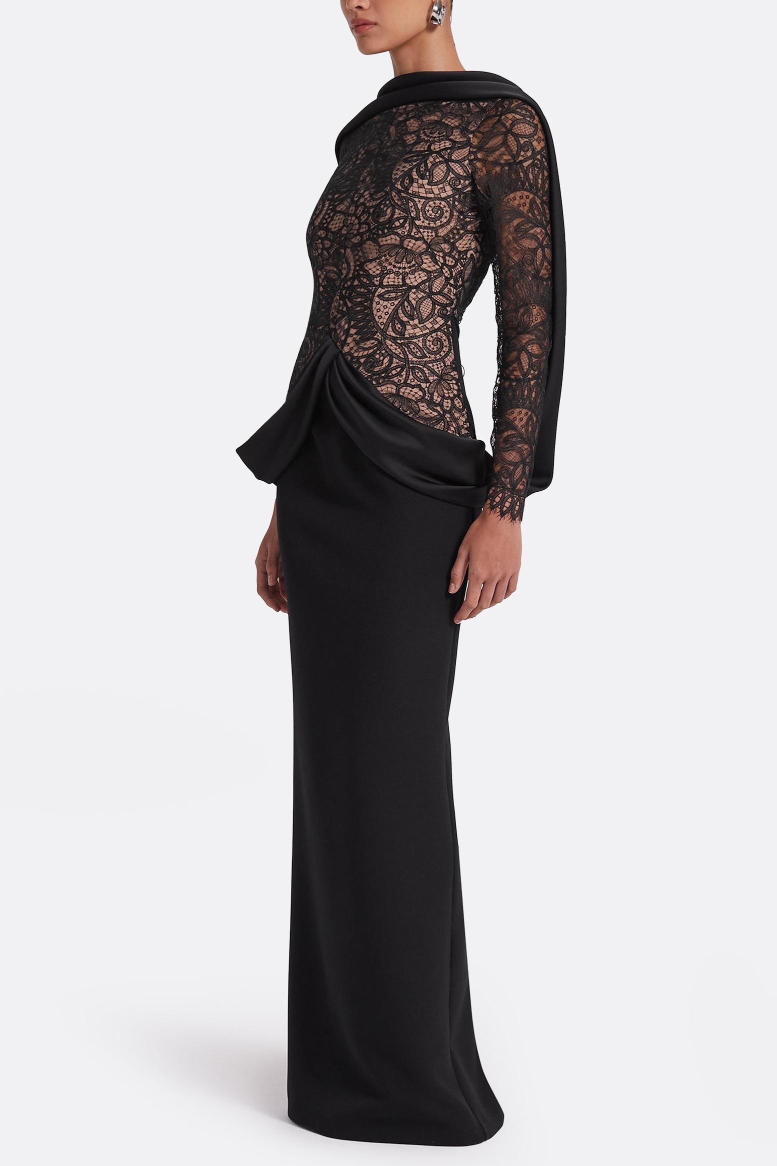 Lace Splicing Satin Long Sleeve Maxi Dress