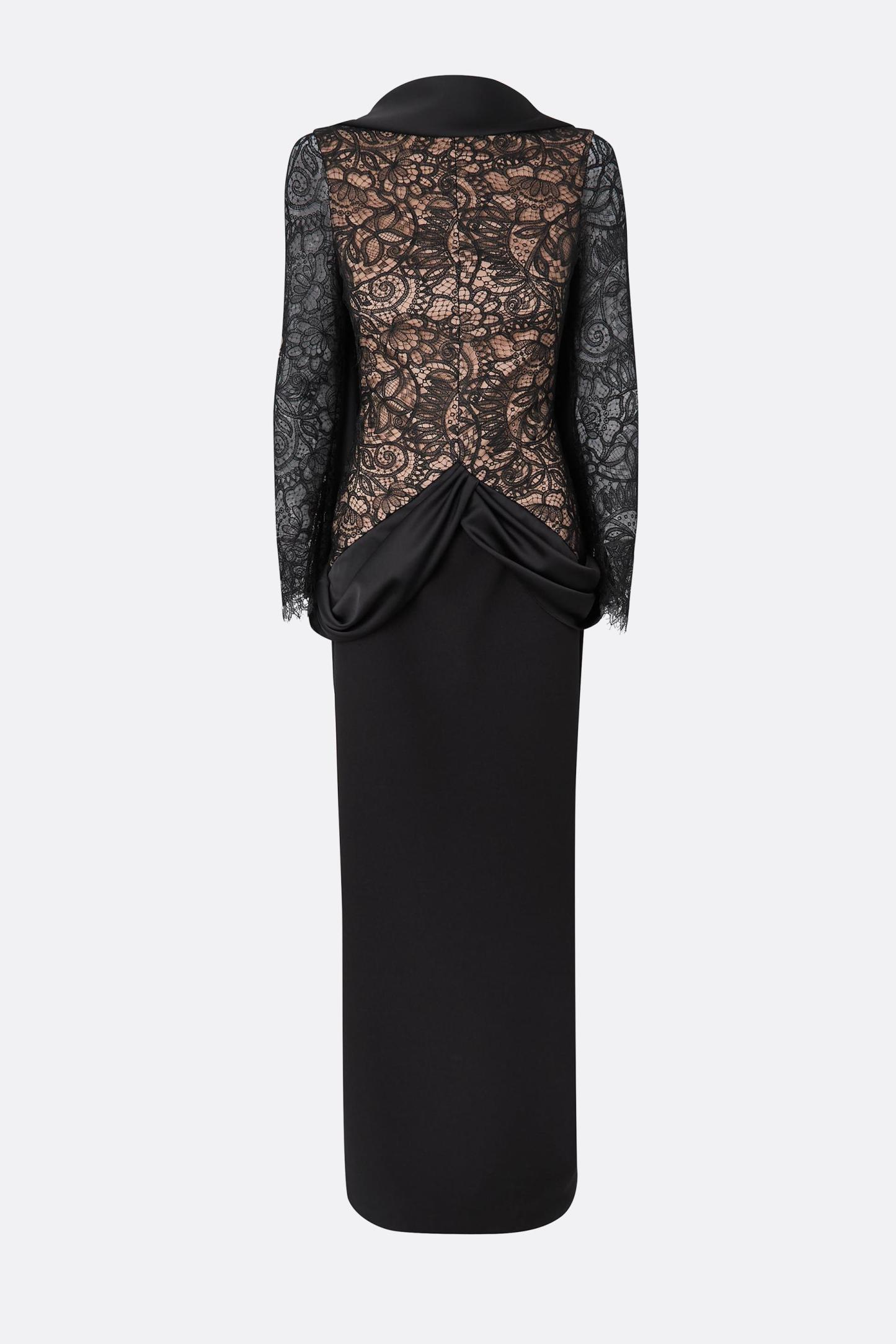 Lace Splicing Satin Long Sleeve Maxi Dress