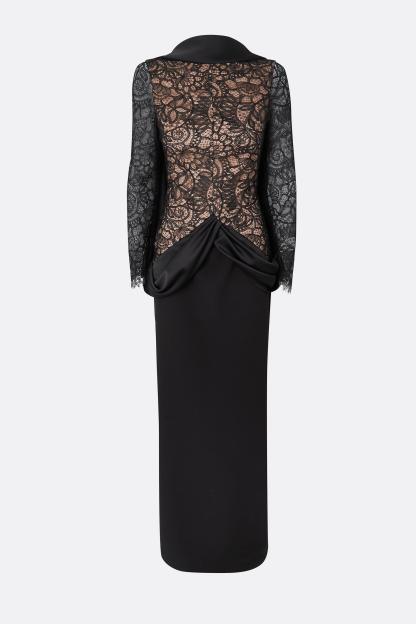Lace Splicing Satin Long Sleeve Maxi Dress