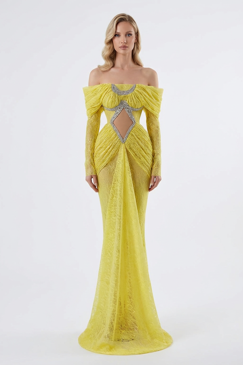 Lace Rhinestone Cut-Out Maxi Dress