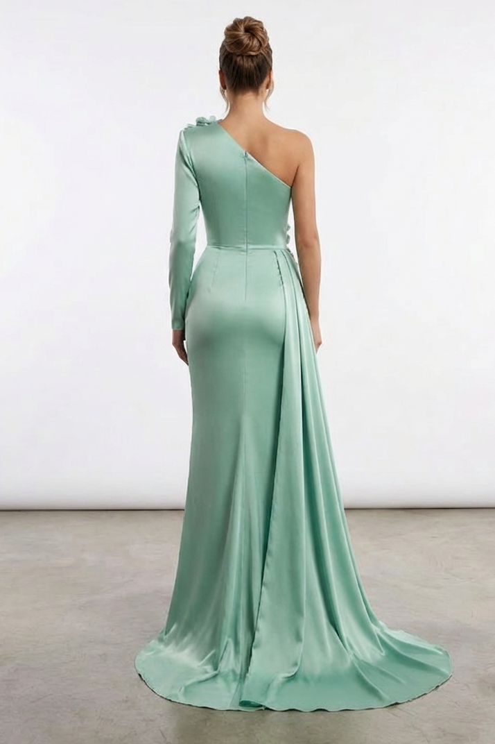 Satin One-Shoulder 3D Flower Maxi Dress