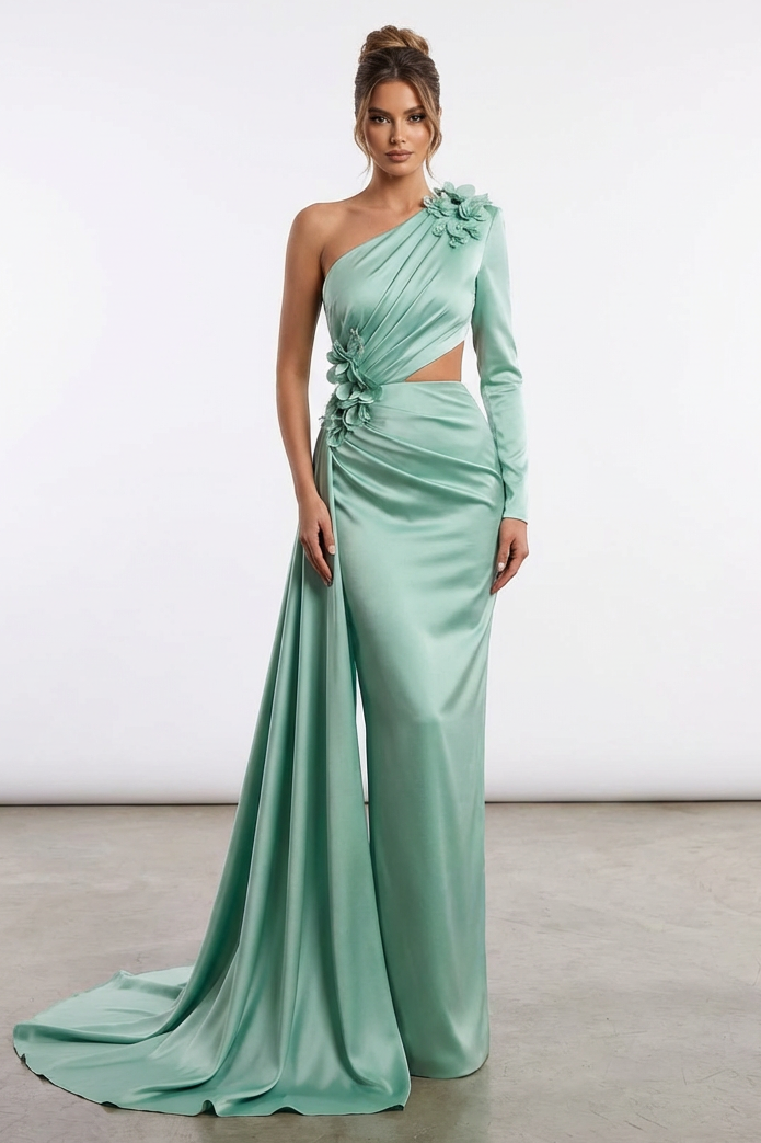Satin One-Shoulder 3D Flower Maxi Dress
