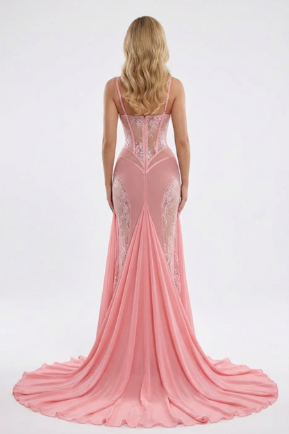 Mesh Splicing Lace See-Through Maxi Dress