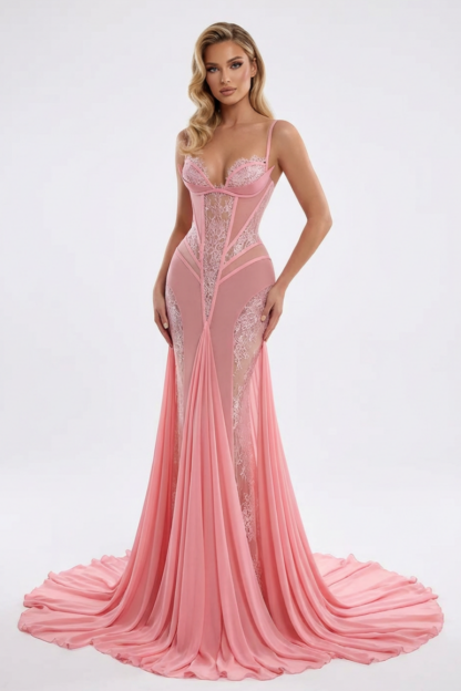 Mesh Splicing Lace See-Through Maxi Dress