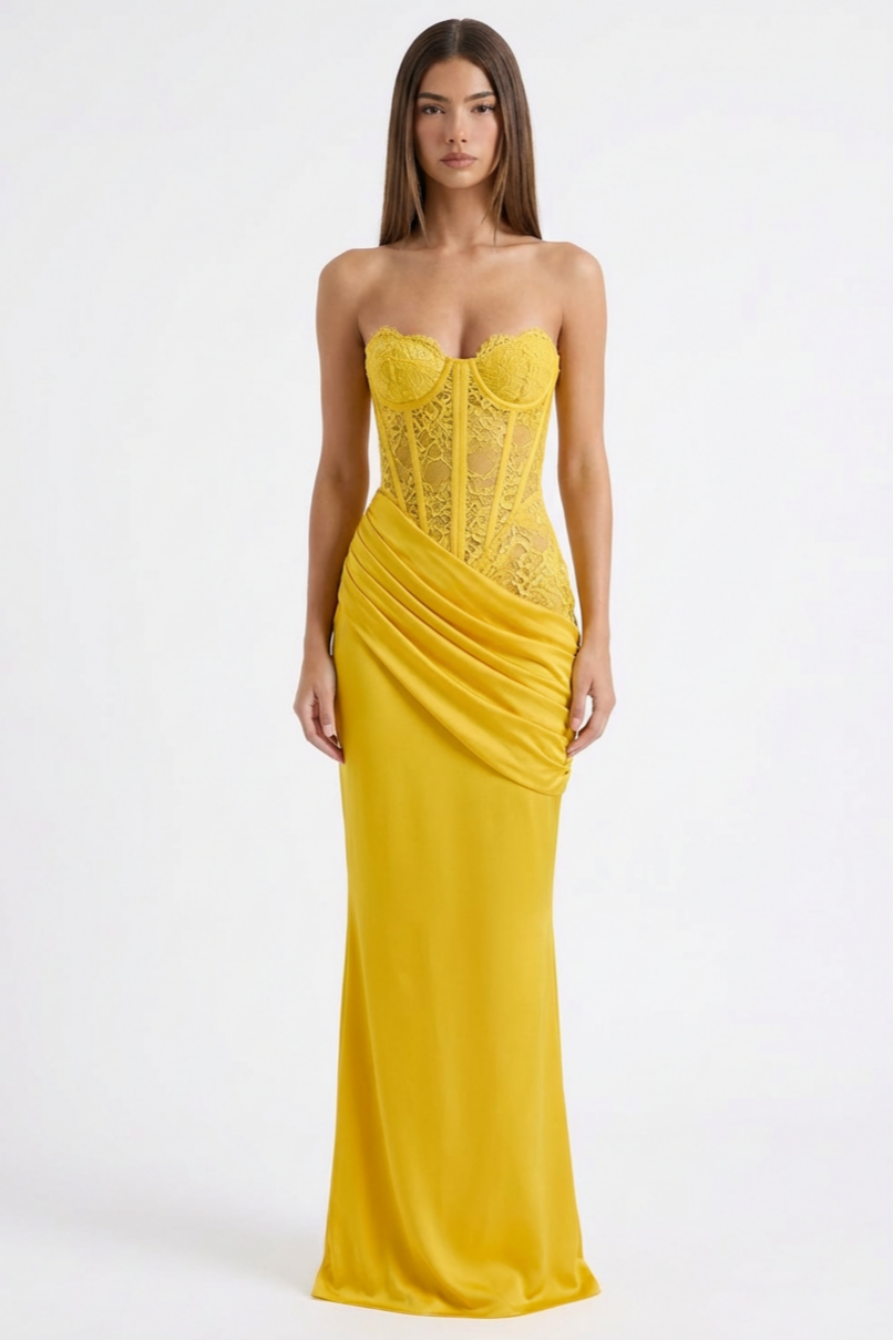 Lace Splicing Satin Off Shoulder Maxi Dress