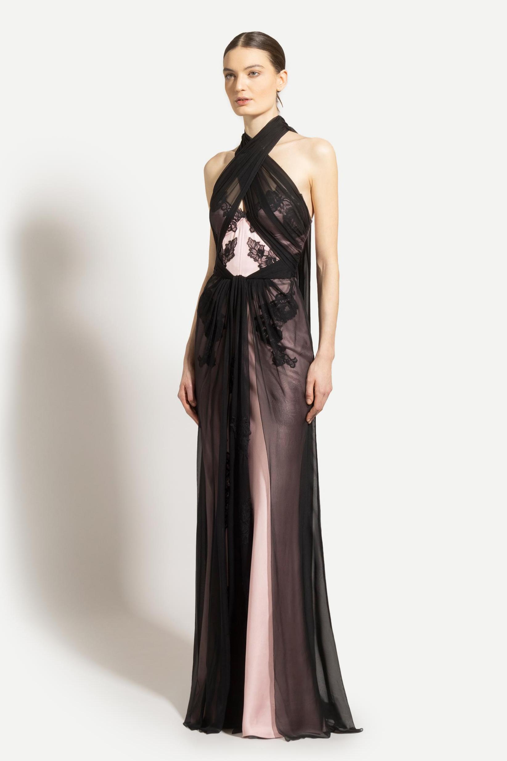 Chiffon Splicing Satin Embroidered Maxi Dress