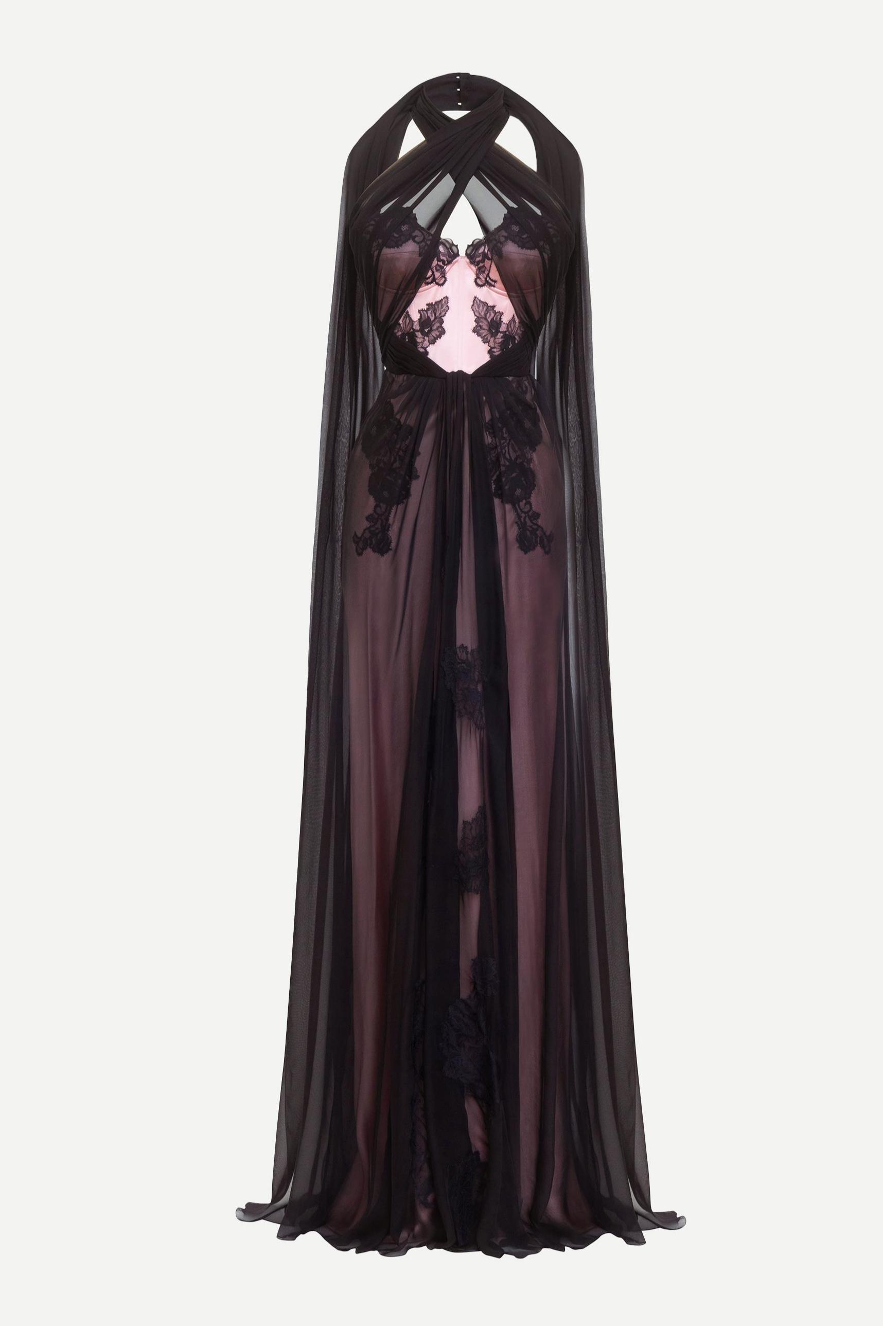 Chiffon Splicing Satin Embroidered Maxi Dress