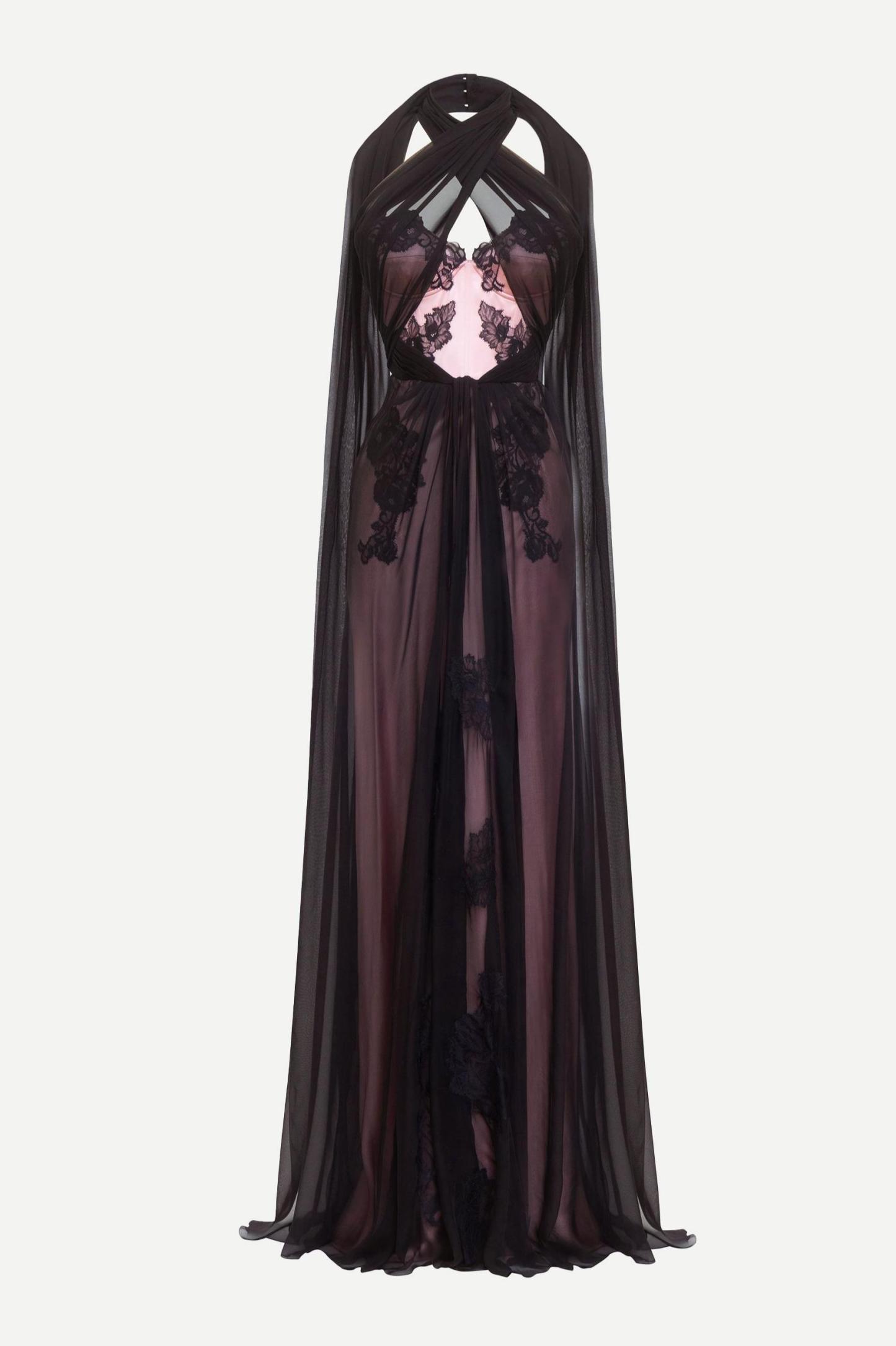 Chiffon Splicing Satin Embroidered Maxi Dress