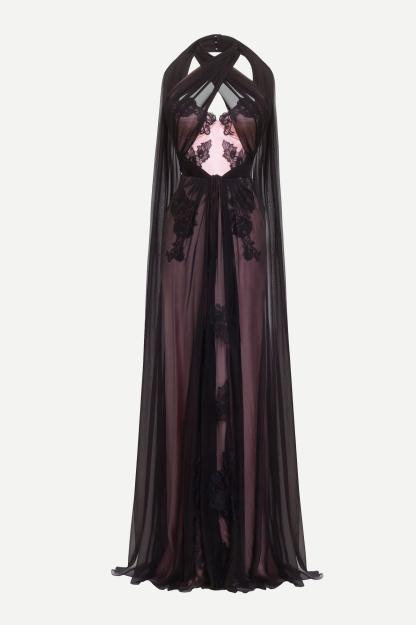 Chiffon Splicing Satin Embroidered Maxi Dress
