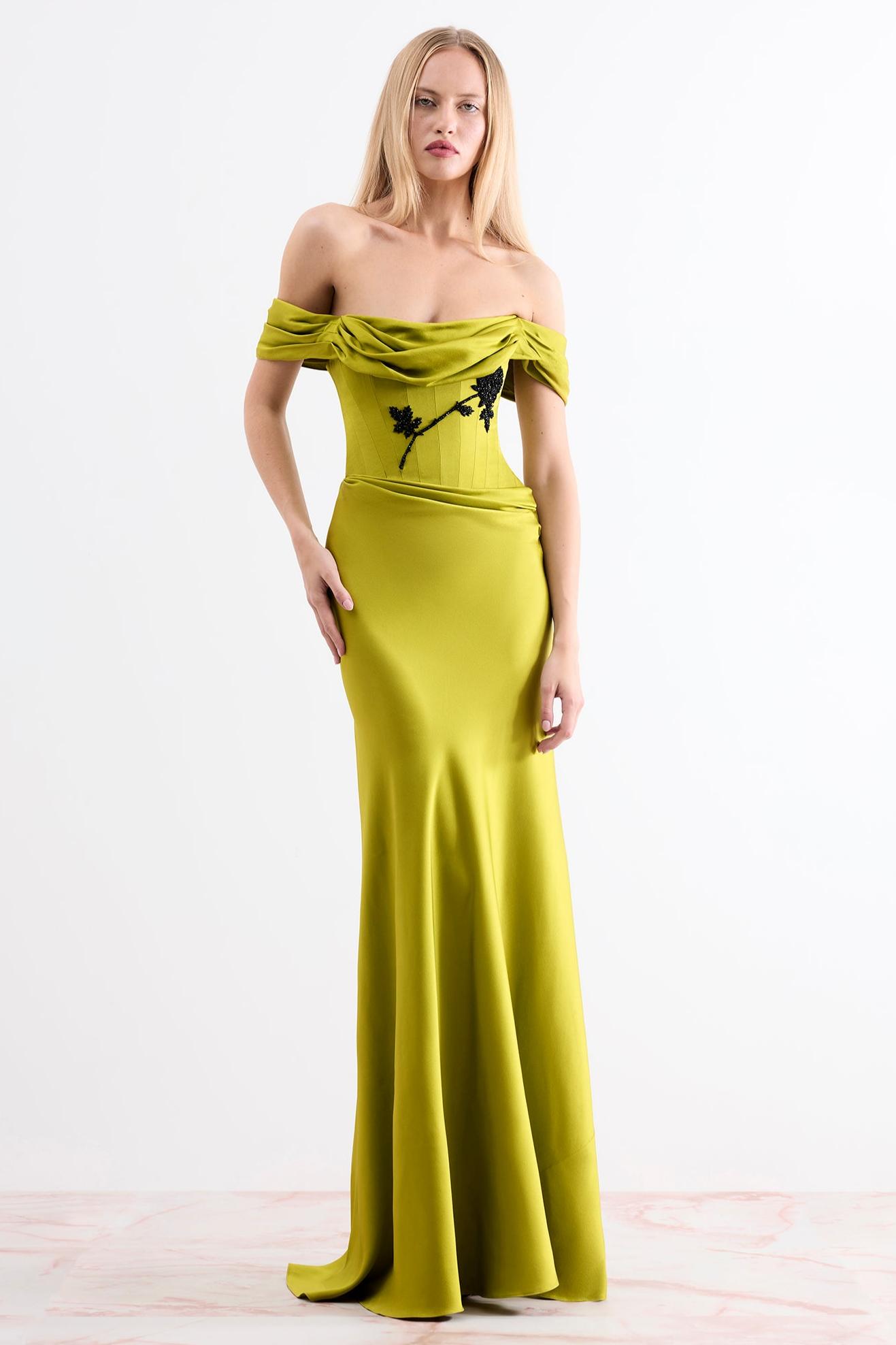 Satin Sequin Embroidery Off-Shoulder Maxi Dress