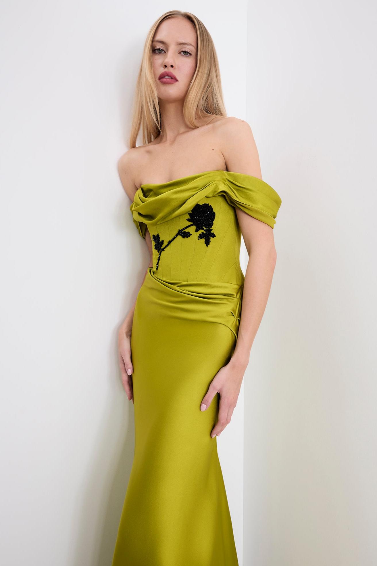 Satin Sequin Embroidery Off-Shoulder Maxi Dress