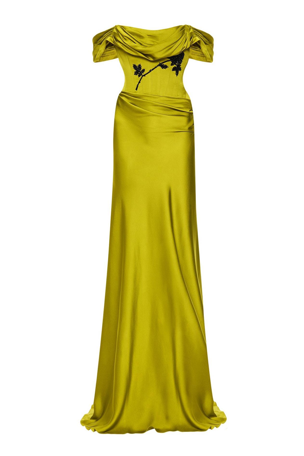 Satin Sequin Embroidery Off-Shoulder Maxi Dress