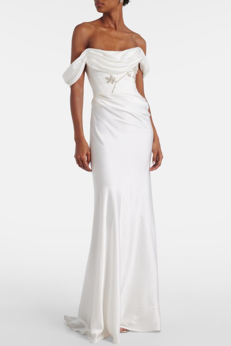 Satin Sequin Embroidery Off-Shoulder Maxi Dress