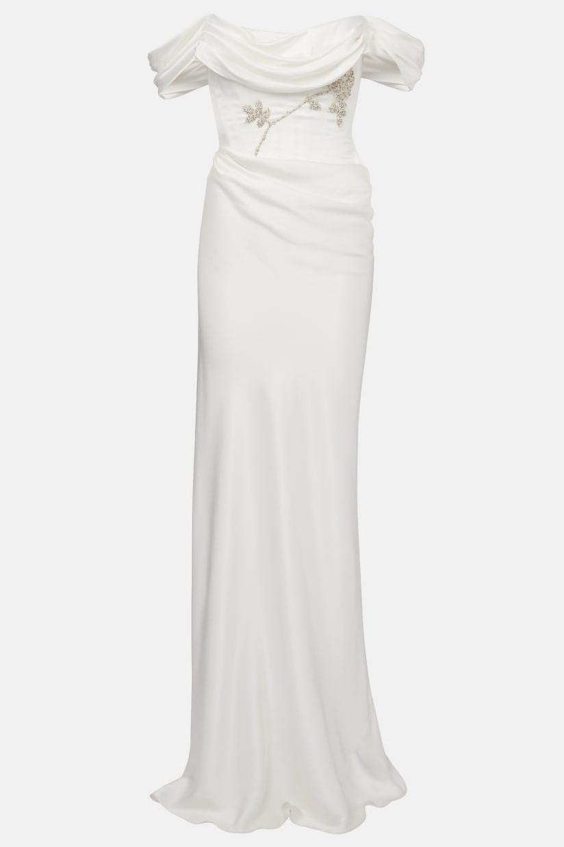 Satin Sequin Embroidery Off-Shoulder Maxi Dress