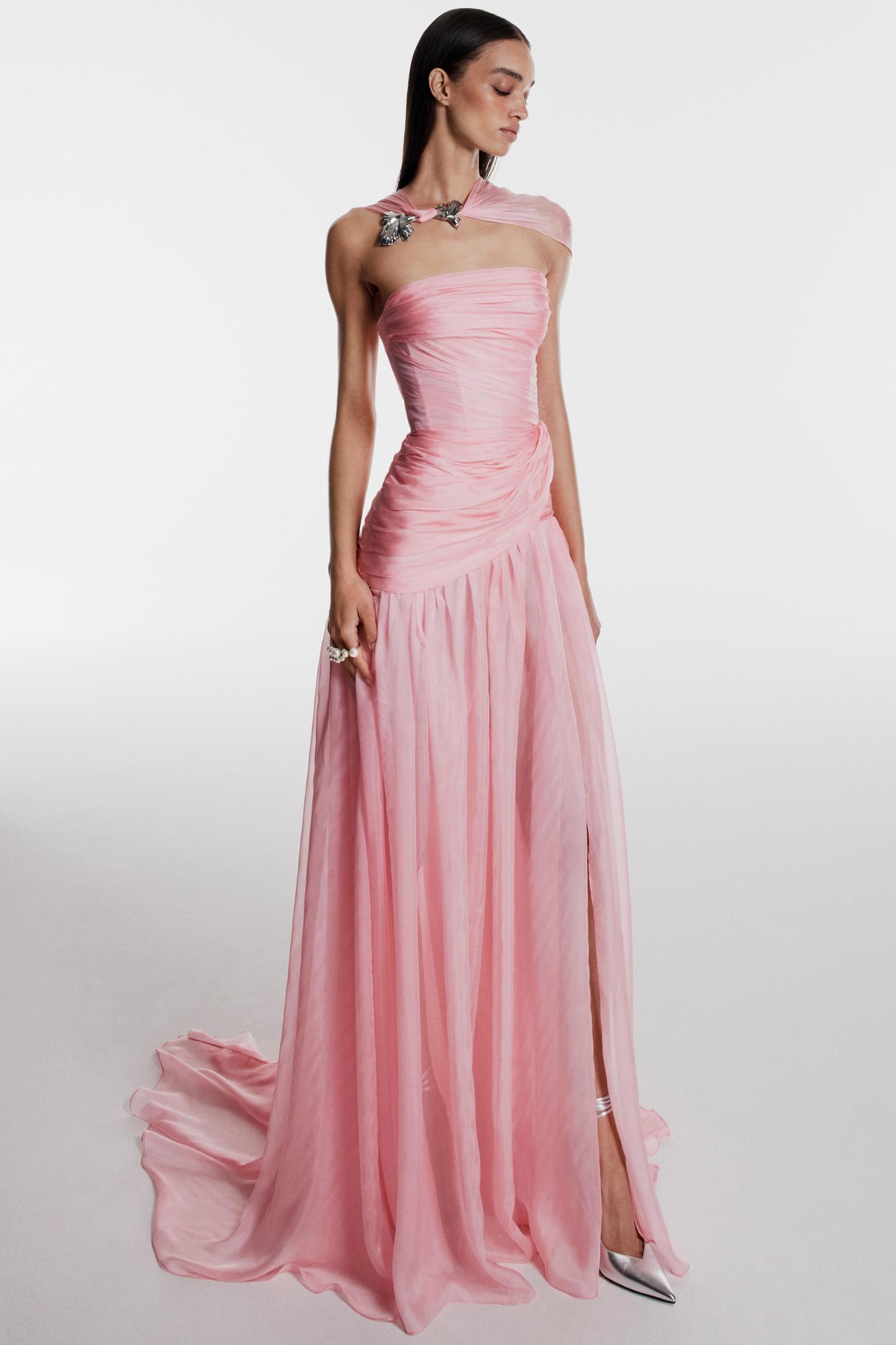 Chiffon Pleated Off Shoulder Maxi Dress