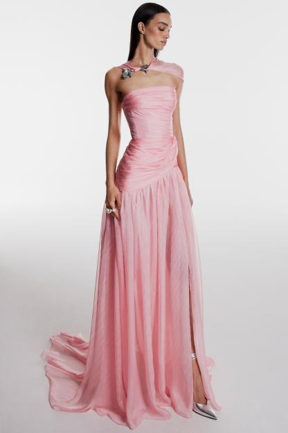 Chiffon  Pleated Off Shoulder Maxi Dress