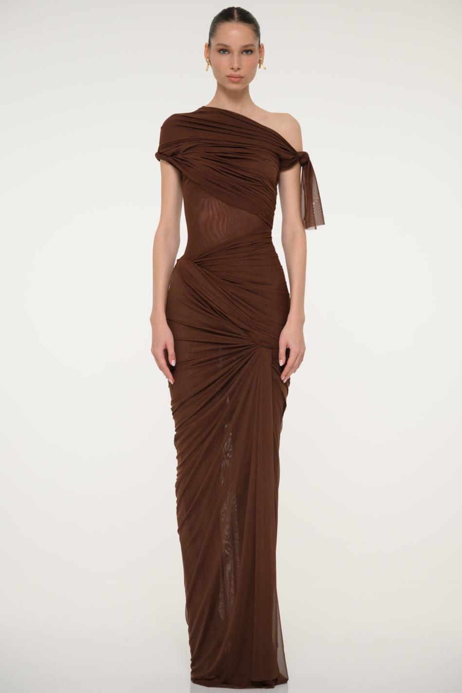 Mesh Skew Collar See-Through Maxi Dress
