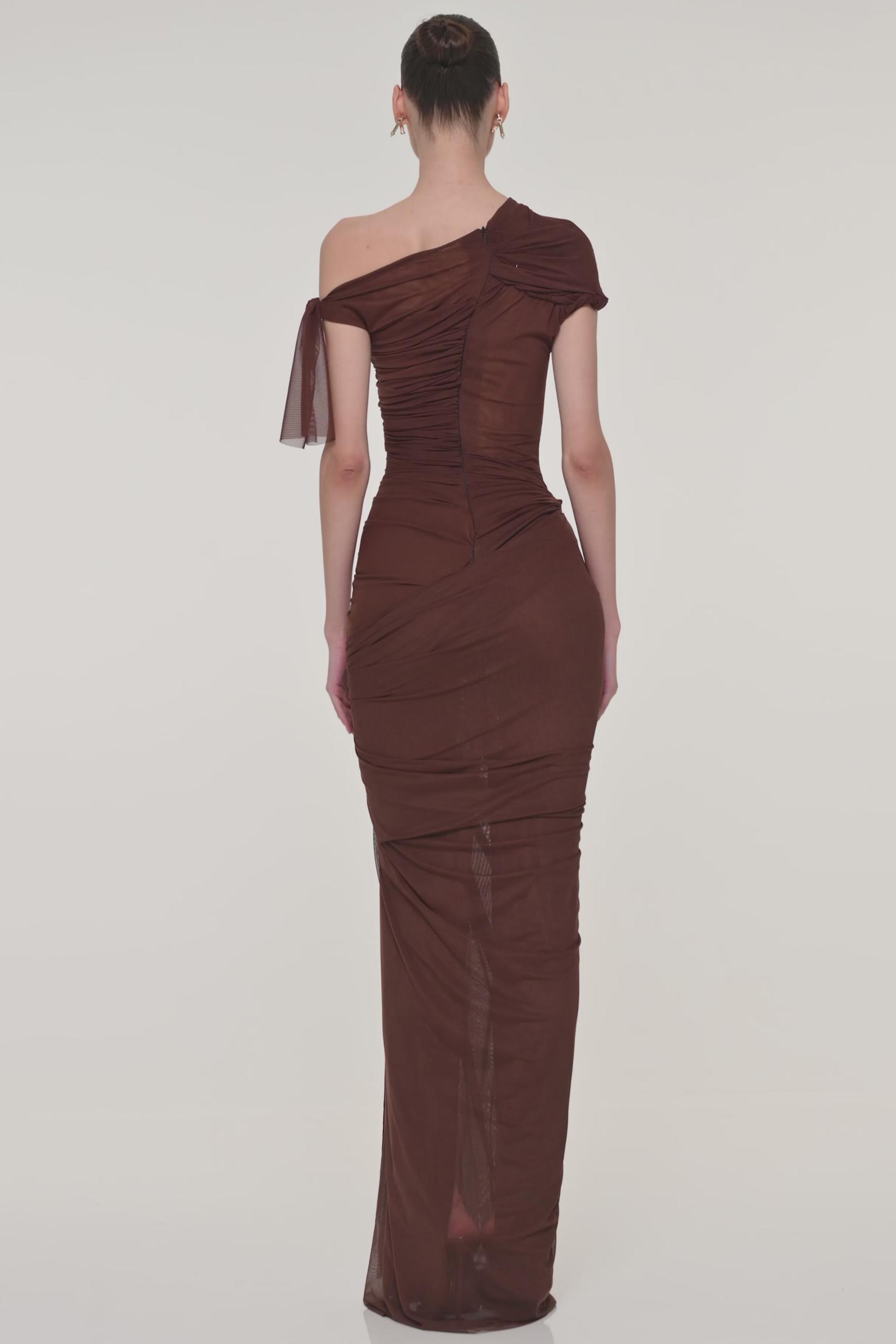 Mesh Skew Collar See-Through Maxi Dress