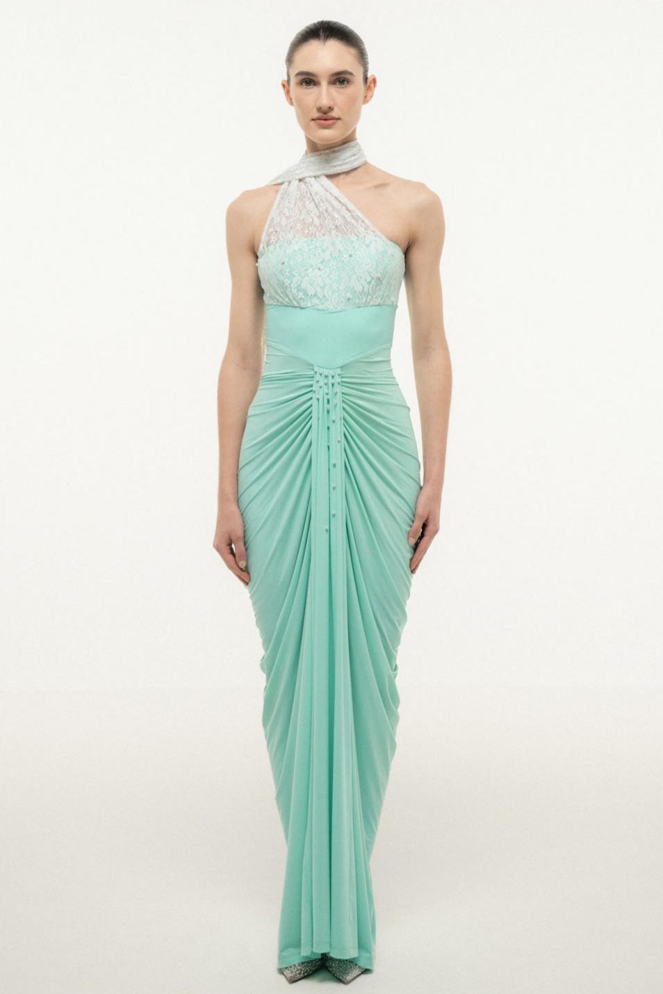 Beaded Skew Collar Ruched Maxi Dress