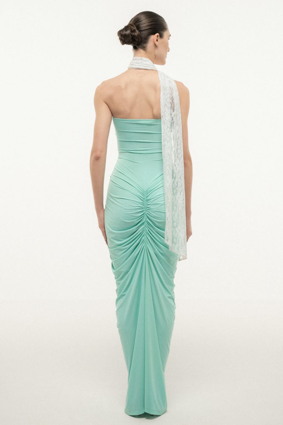 Beaded Skew Collar Ruched Maxi Dress