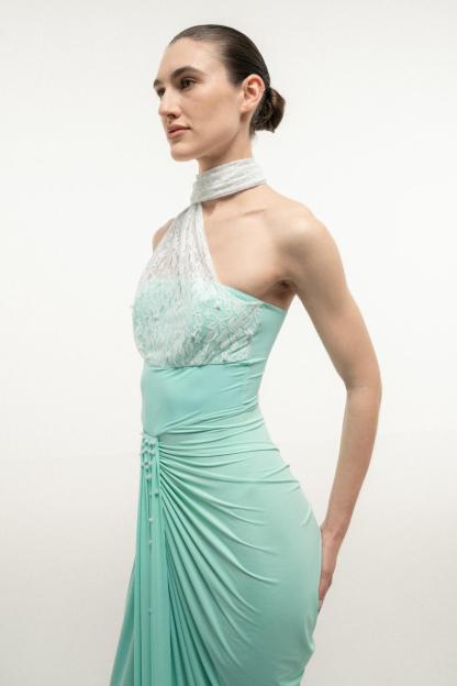 Beaded Skew Collar Ruched Maxi Dress