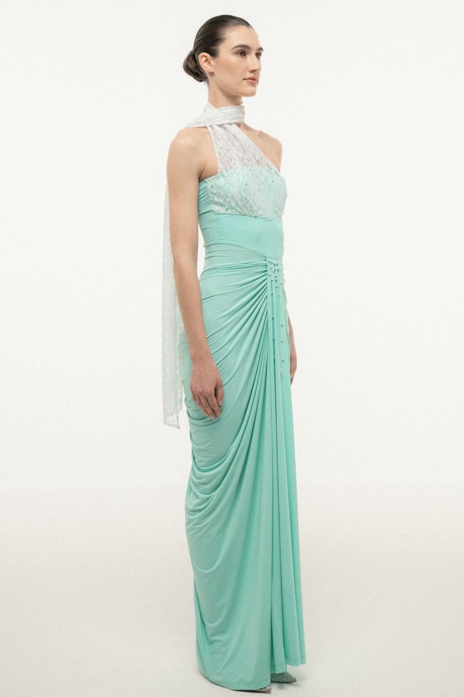 Beaded Skew Collar Ruched Maxi Dress