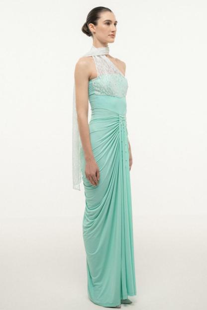 Beaded Skew Collar Ruched Maxi Dress