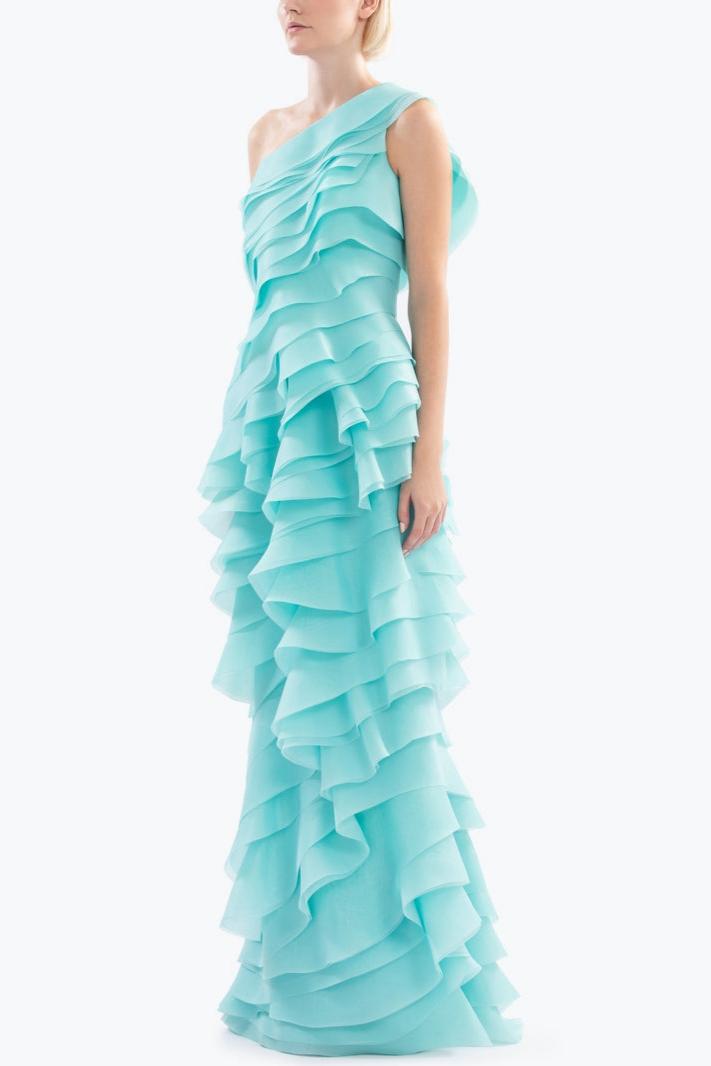 Layered Frill Skew Collar Solid Maxi Dress