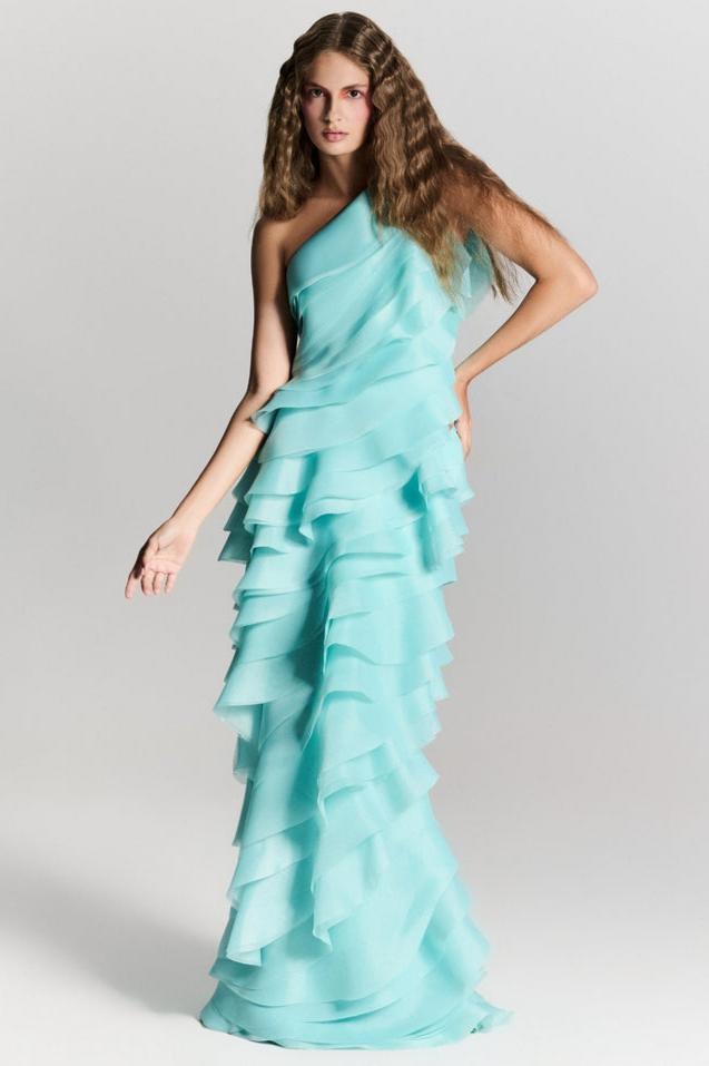 Layered Frill Skew Collar Solid Maxi Dress