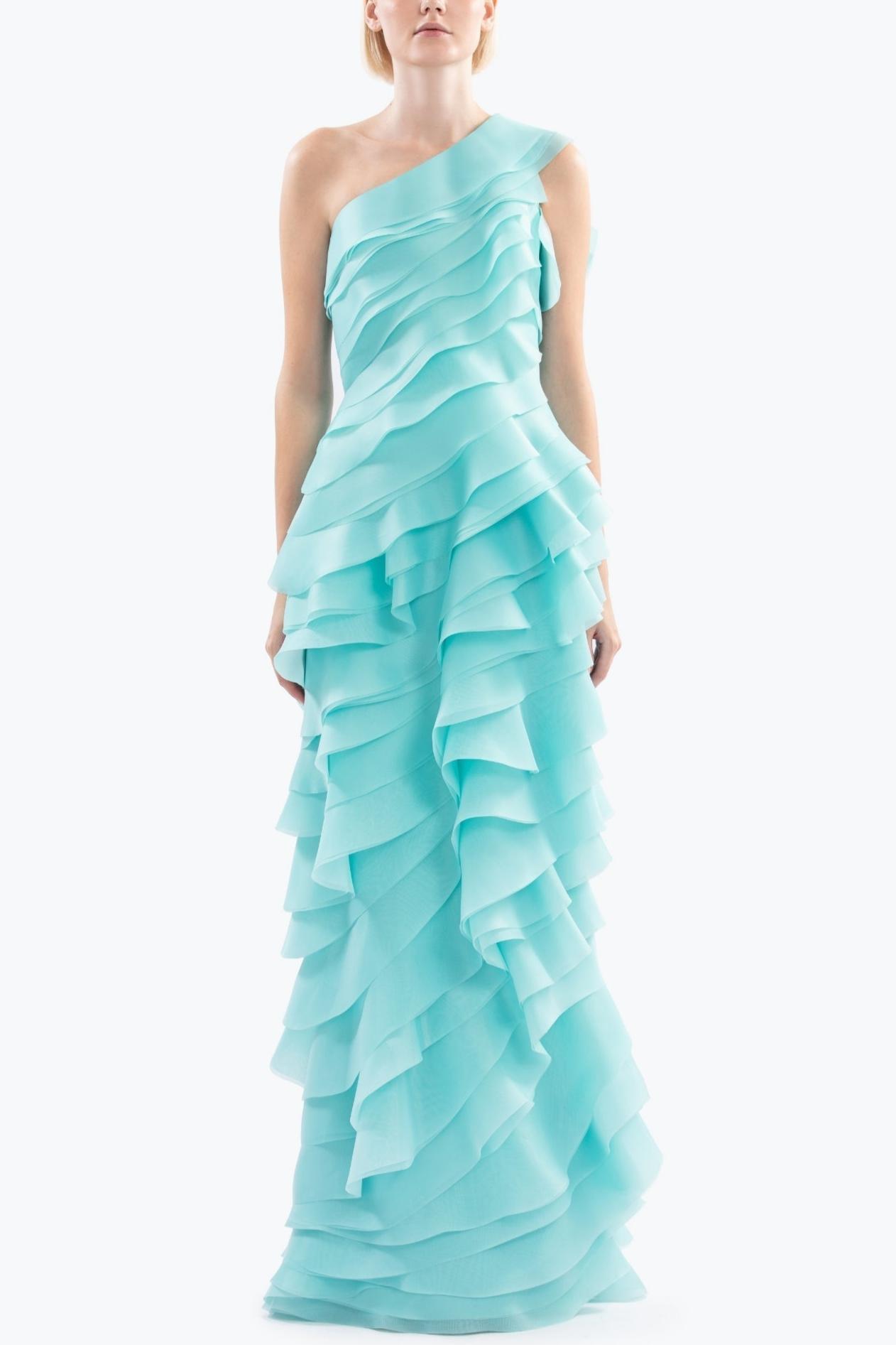 Layered Frill Skew Collar Solid Maxi Dress