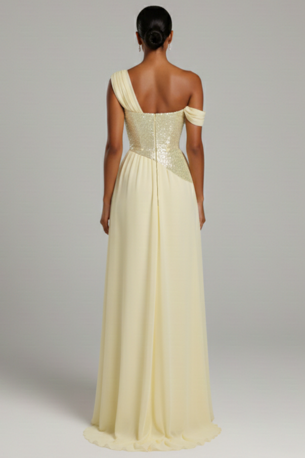 Sequin Splicing Chiffon Ruched Slit Maxi Dress