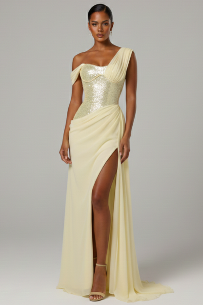 Sequin Splicing Chiffon Ruched Slit Maxi Dress