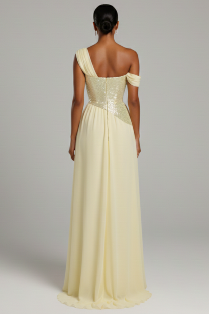 Sequin Splicing Chiffon Ruched Slit Maxi Dress