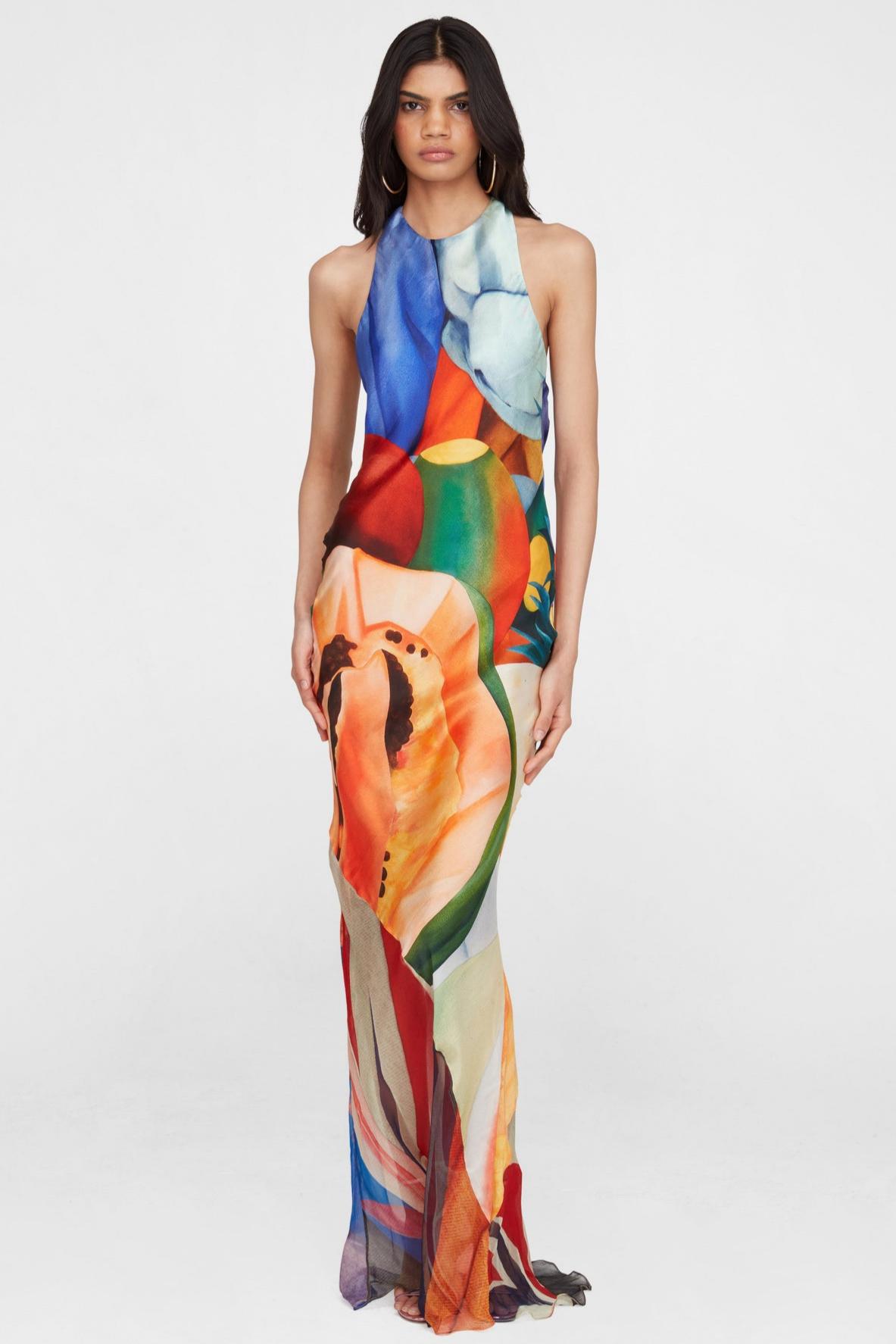 Satin Abstract Print Sleeveless Maxi Dress