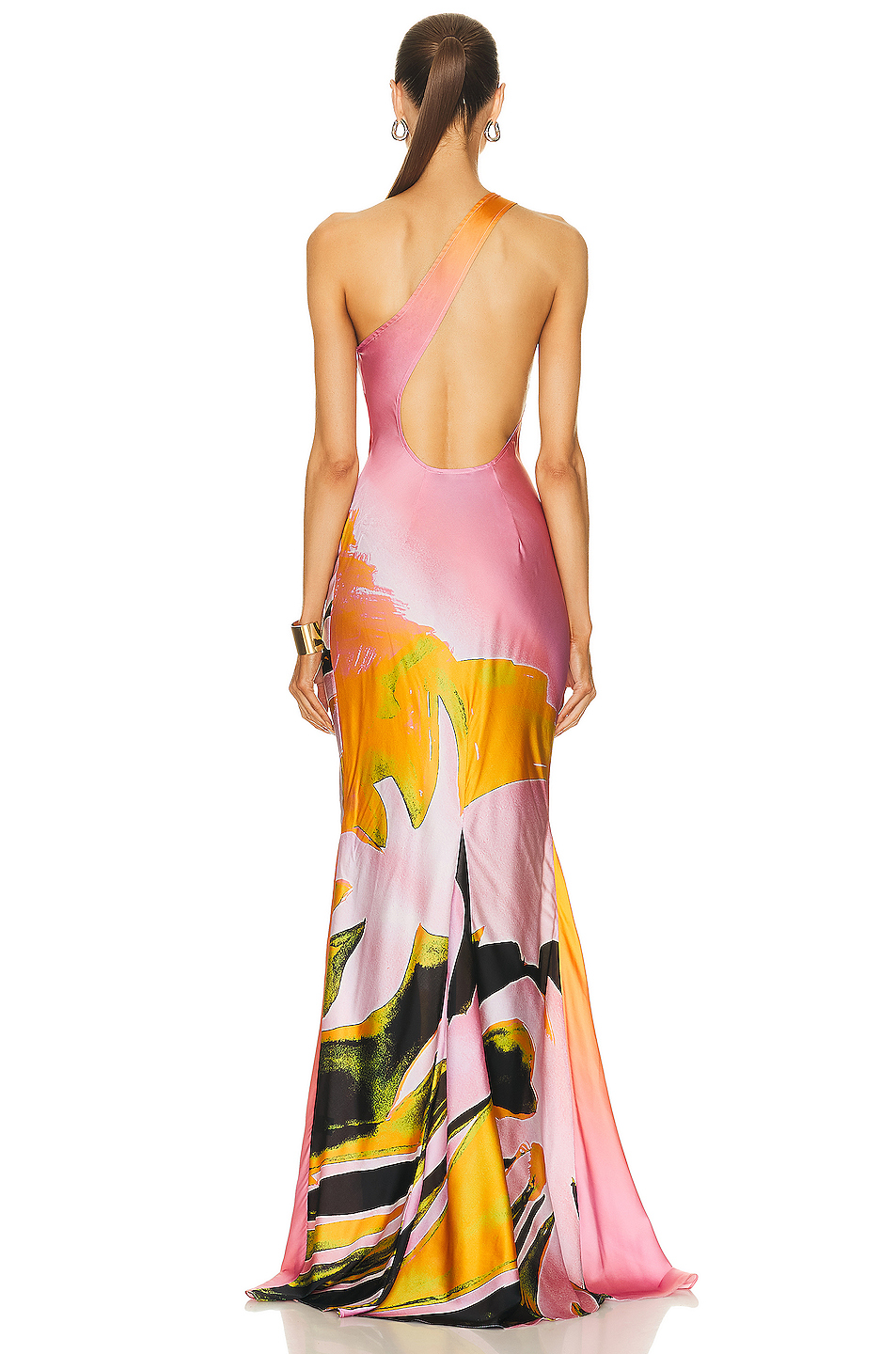 Abstract Print Skew Collar Satin Maxi Dress