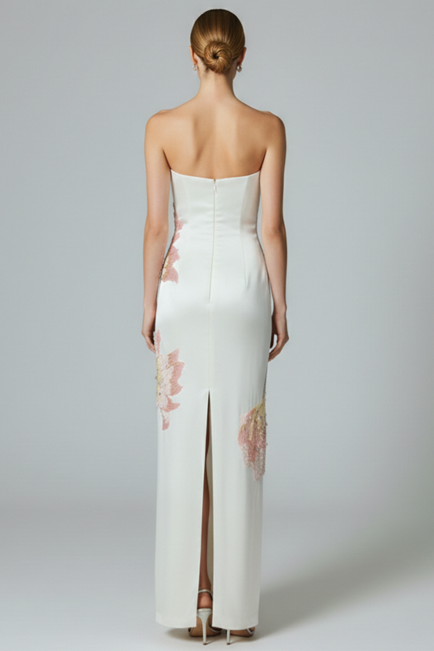 Sequin Embroidery Strapless Satin Maxi Dress