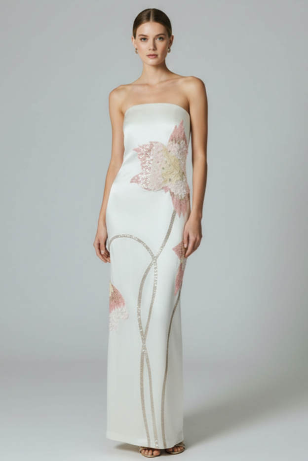 Sequin Embroidery Strapless Satin Maxi Dress