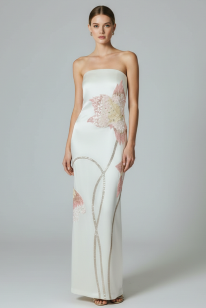 Sequin Embroidery Strapless Satin Maxi Dress