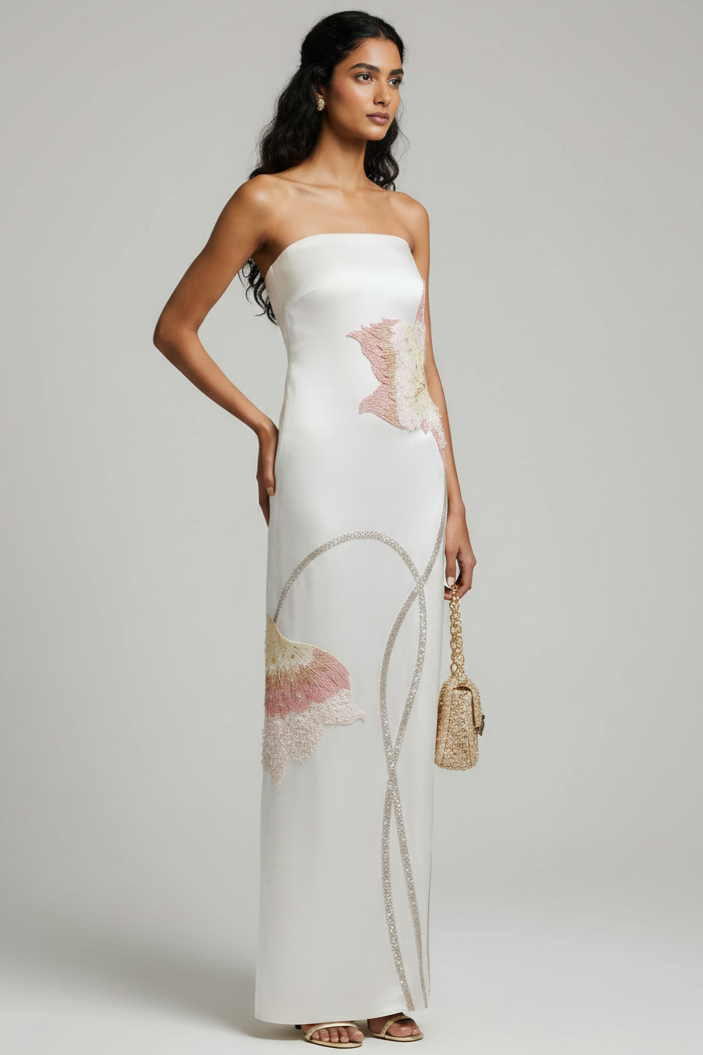 Sequin Embroidery Strapless Satin Maxi Dress
